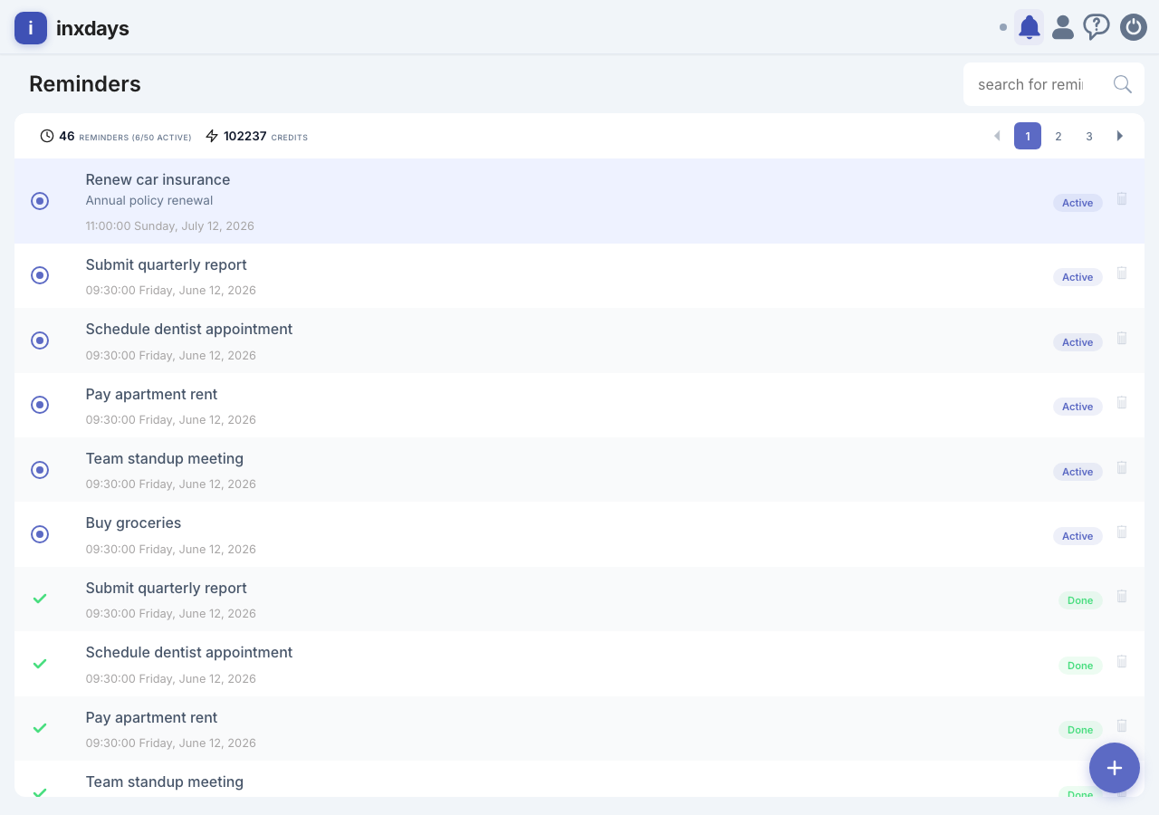Reminder list with statuses