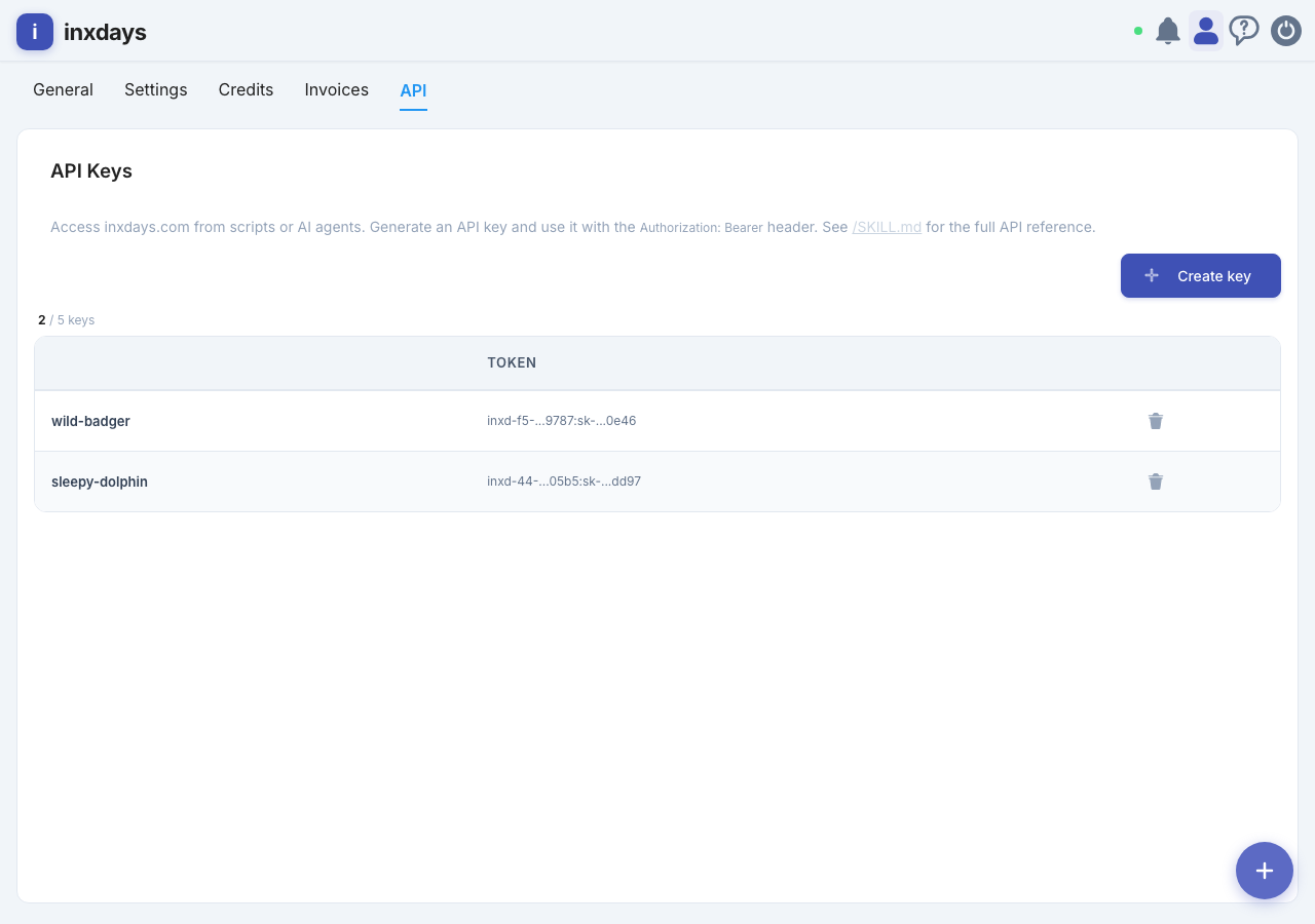 API keys page